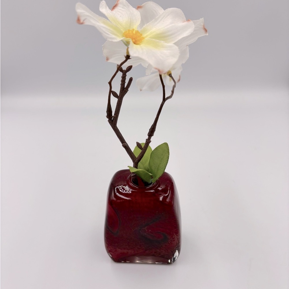 Red swirl encased handmade art glass small bud vase